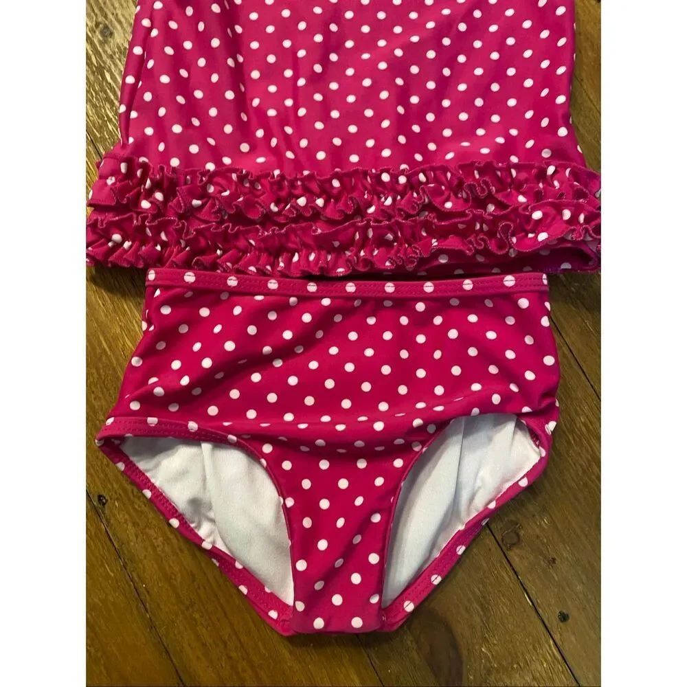 Ruffle Butts 4T toddler girl bikini set rash guard T-shirt top pink white dots